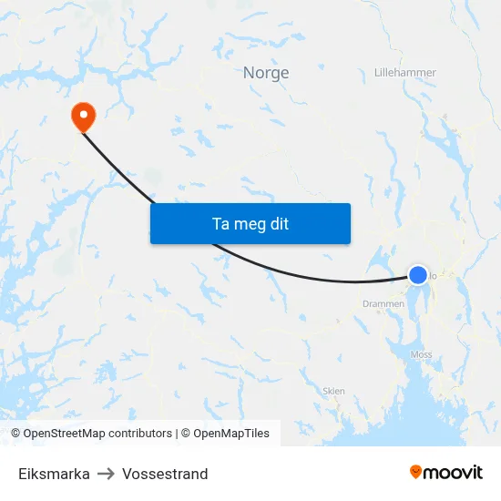 Eiksmarka to Vossestrand map