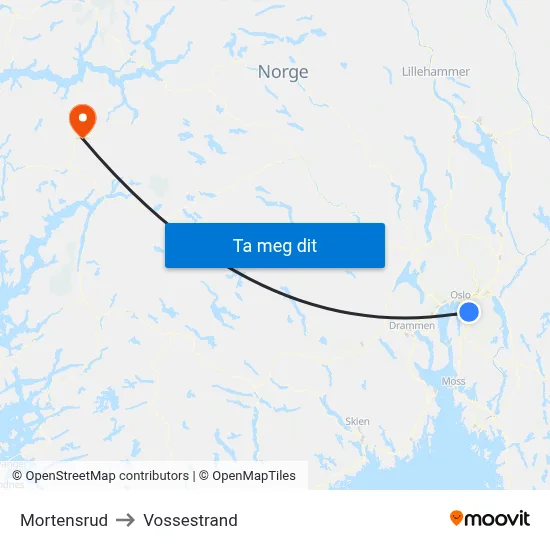 Mortensrud to Vossestrand map