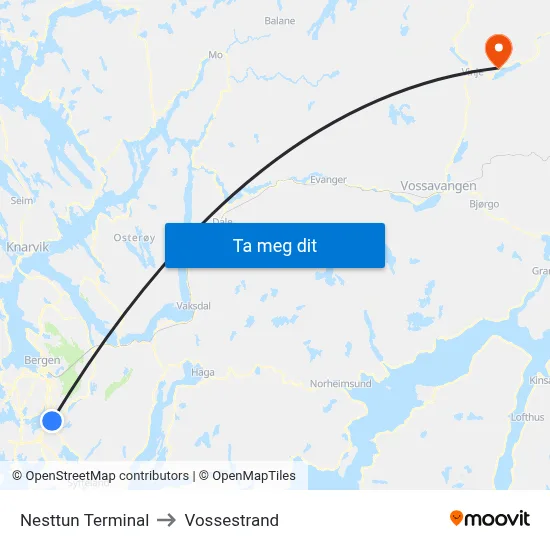 Nesttun Terminal to Vossestrand map