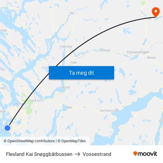 Flesland Kai Snøggbåtbussen to Vossestrand map