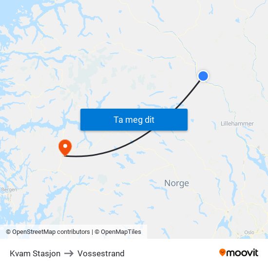 Kvam Stasjon to Vossestrand map