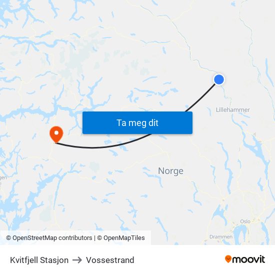 Kvitfjell Stasjon to Vossestrand map