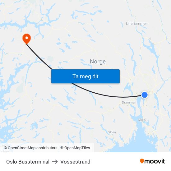 Oslo Bussterminal to Vossestrand map