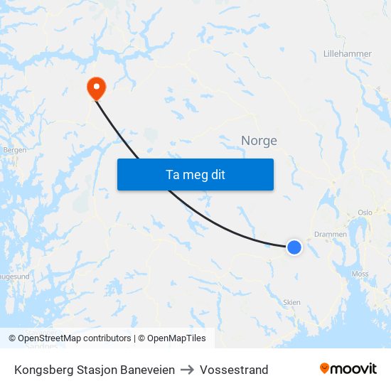 Kongsberg Stasjon Baneveien to Vossestrand map