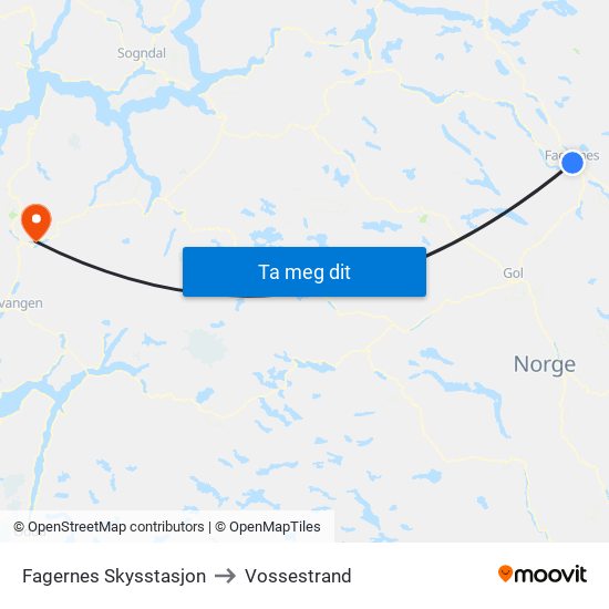 Fagernes Skysstasjon to Vossestrand map