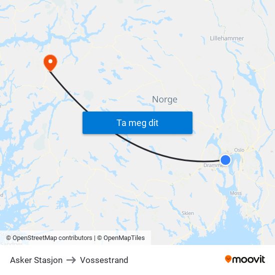 Asker Stasjon to Vossestrand map