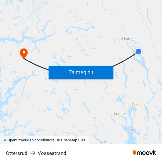 Ottersrud to Vossestrand map