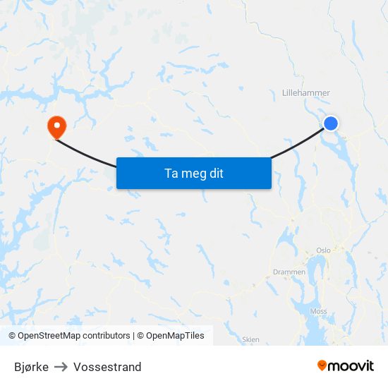 Bjørke to Vossestrand map