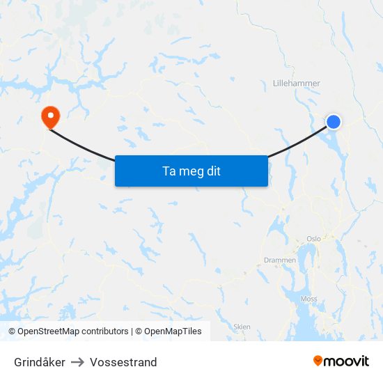Grindåker to Vossestrand map