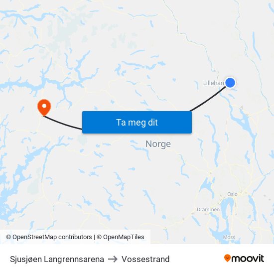 Sjusjøen Langrennsarena to Vossestrand map