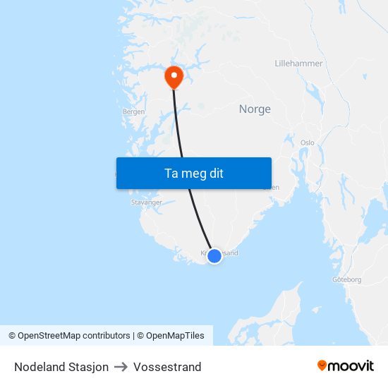Nodeland Stasjon to Vossestrand map