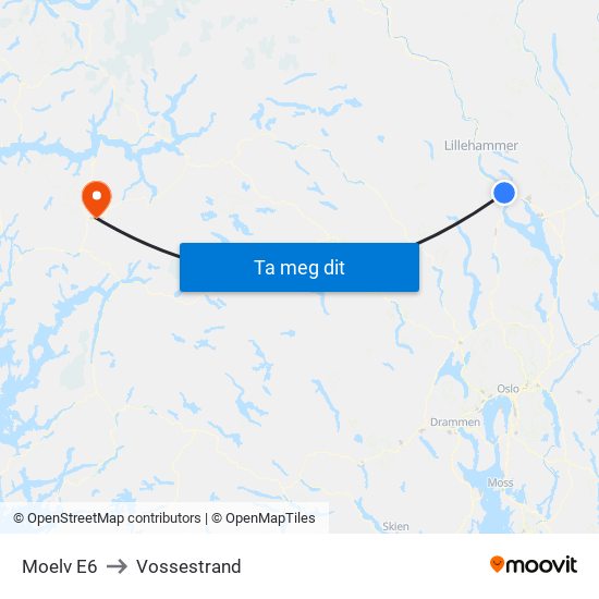 Moelv E6 to Vossestrand map