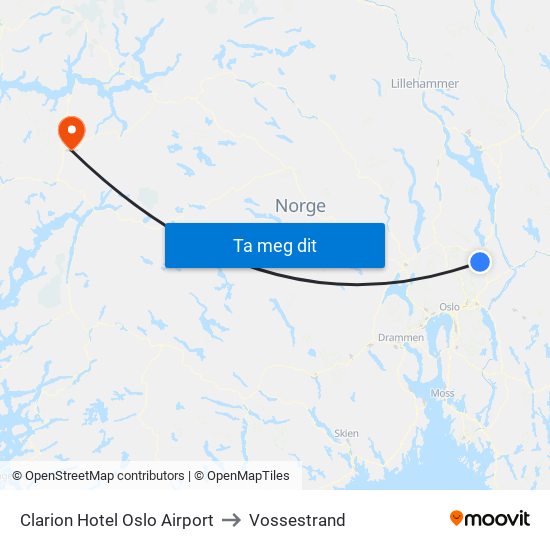 Clarion Hotel Oslo Airport to Vossestrand map