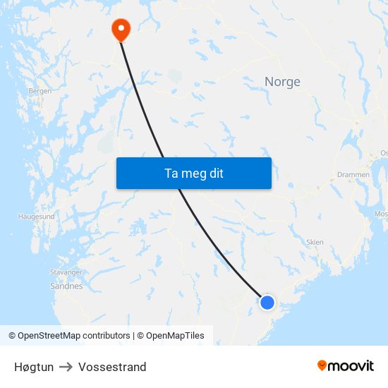 Høgtun to Vossestrand map