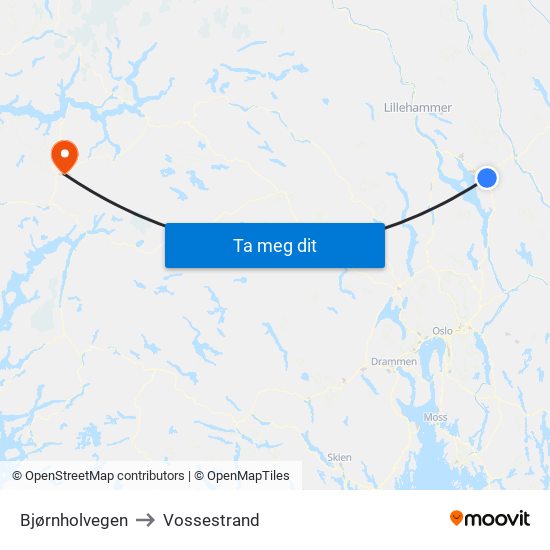 Bjørnholvegen to Vossestrand map