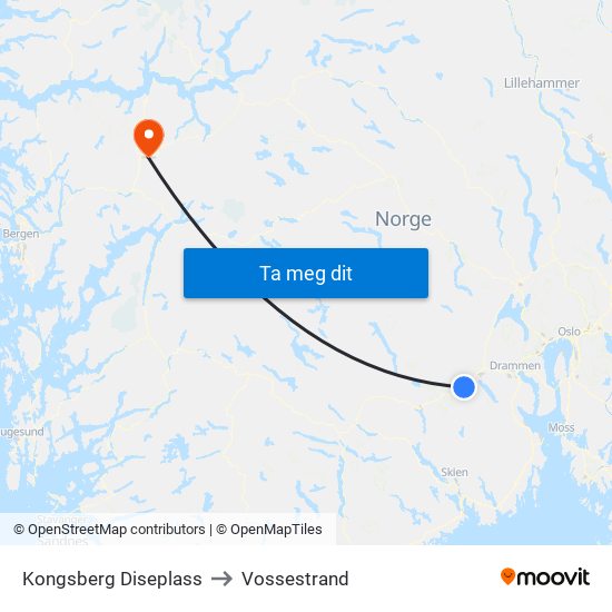 Kongsberg Diseplass to Vossestrand map