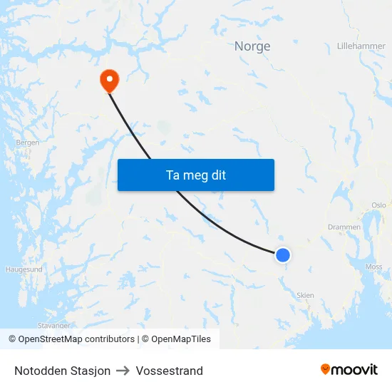 Notodden Stasjon to Vossestrand map