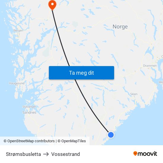Strømsbusletta to Vossestrand map