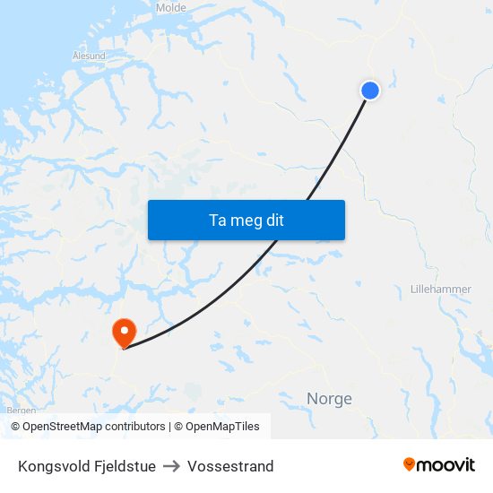 Kongsvold Fjeldstue to Vossestrand map