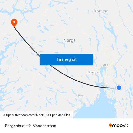 Bergenhus to Vossestrand map