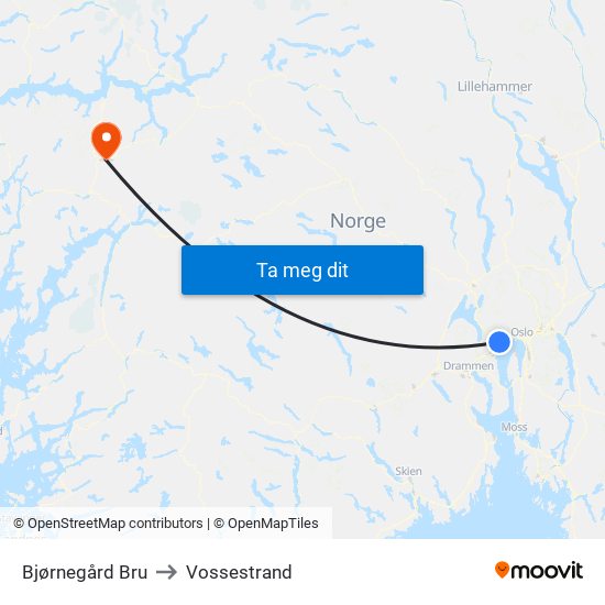 Bjørnegård Bru to Vossestrand map