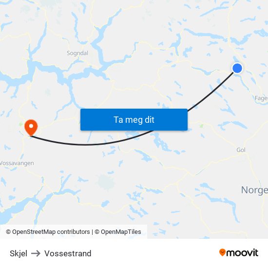 Skjel to Vossestrand map