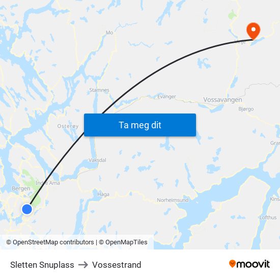Sletten Snuplass to Vossestrand map