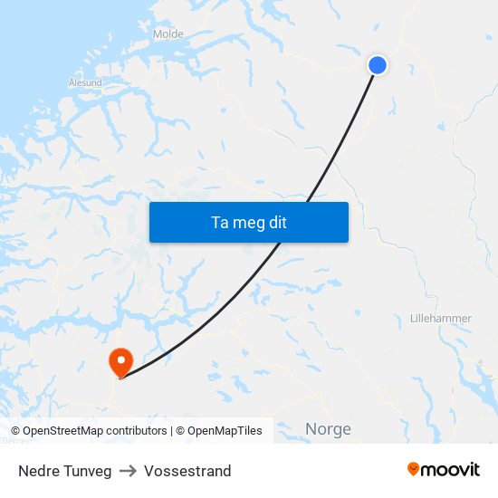 Nedre Tunveg to Vossestrand map