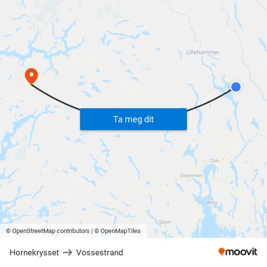 Hornekrysset to Vossestrand map