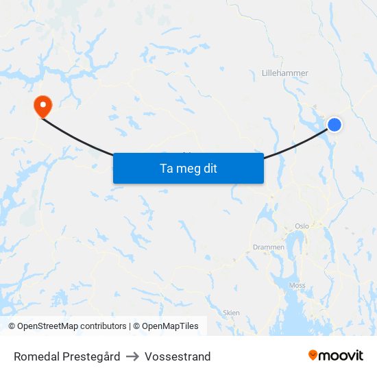Romedal Prestegård to Vossestrand map