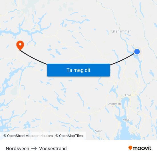Nordsveen to Vossestrand map