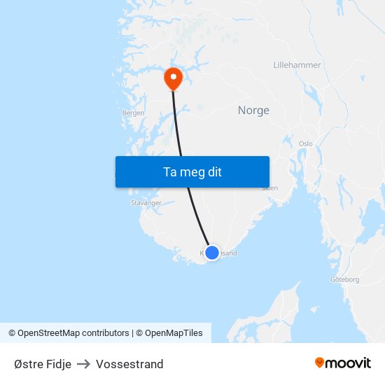 Østre Fidje to Vossestrand map