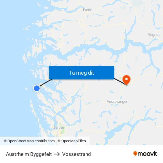 Austrheim Byggefelt to Vossestrand map