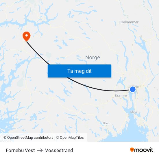Fornebu Vest to Vossestrand map