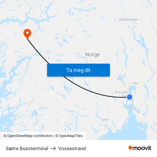 Sætre Bussterminal to Vossestrand map