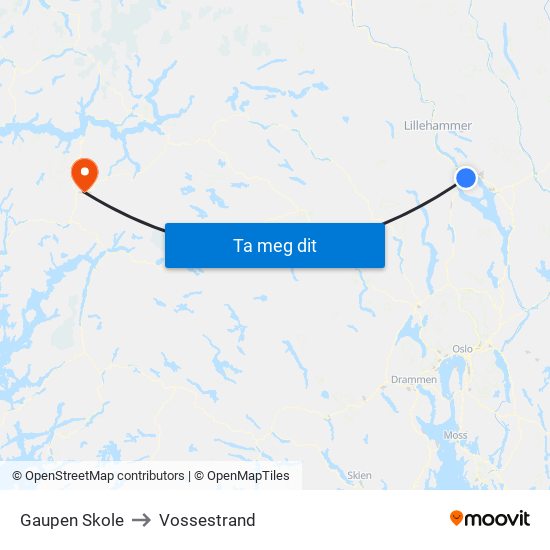 Gaupen Skole to Vossestrand map