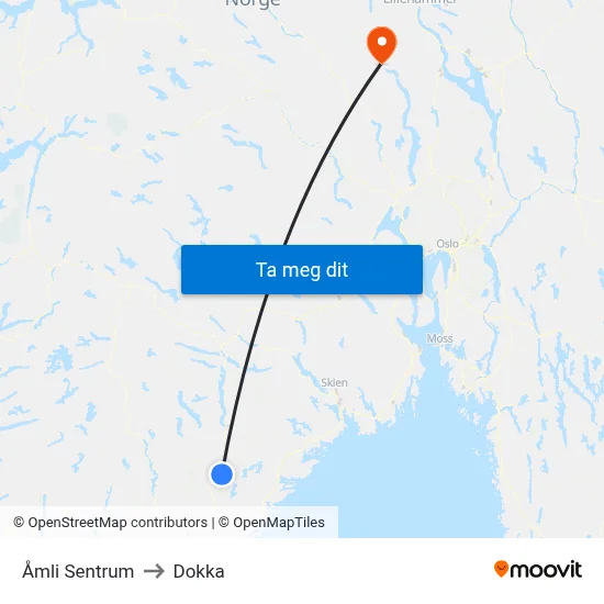Åmli Sentrum to Dokka map