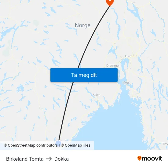 Birkeland Tomta to Dokka map