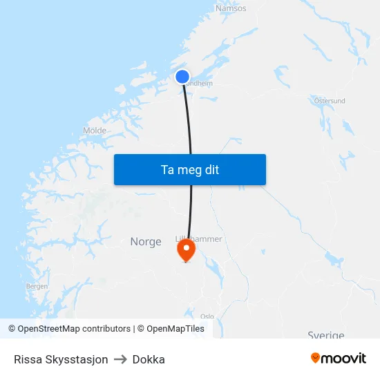 Rissa Skysstasjon to Dokka map