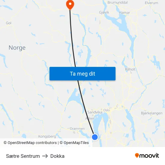 Sætre Sentrum to Dokka map