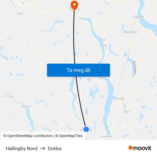 Hallingby Nord to Dokka map