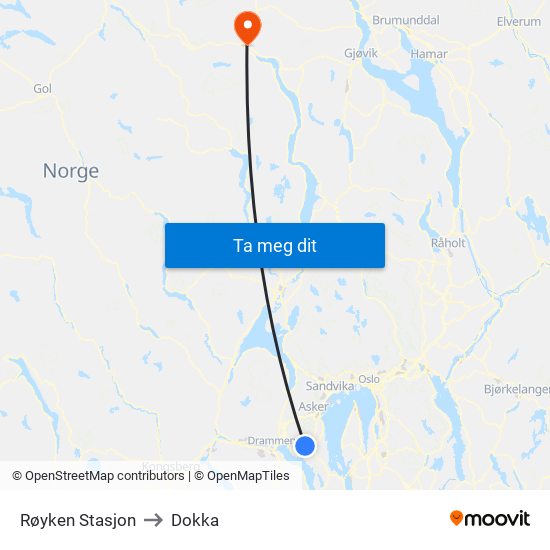 Røyken Stasjon to Dokka map