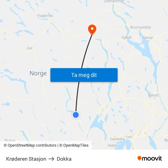 Krøderen Stasjon to Dokka map