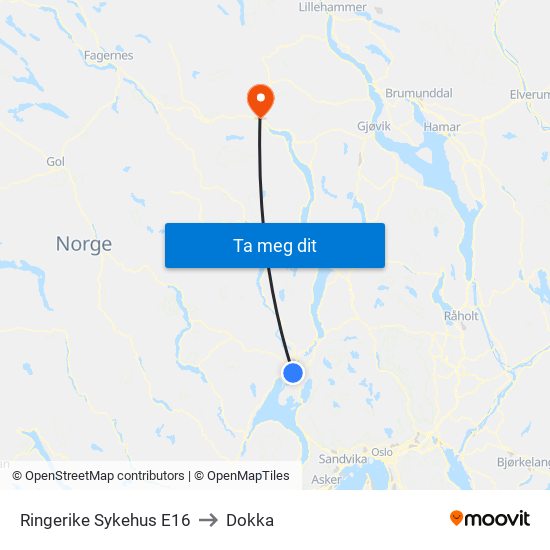 Ringerike Sykehus E16 to Dokka map