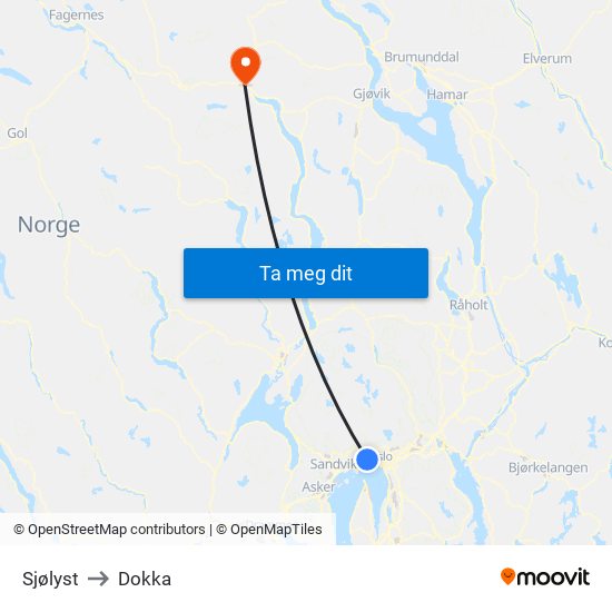 Sjølyst to Dokka map