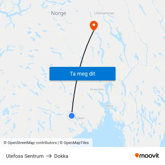 Ulefoss Sentrum to Dokka map