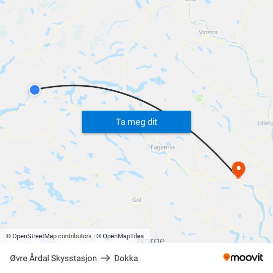 Øvre Årdal Skysstasjon to Dokka map