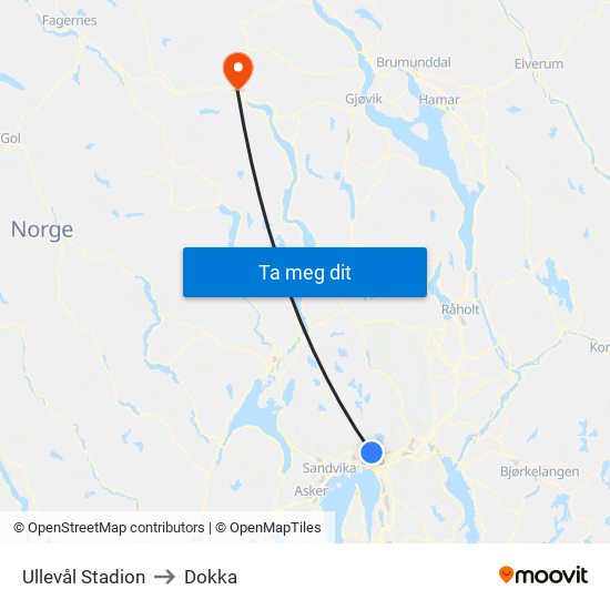 Ullevål Stadion to Dokka map