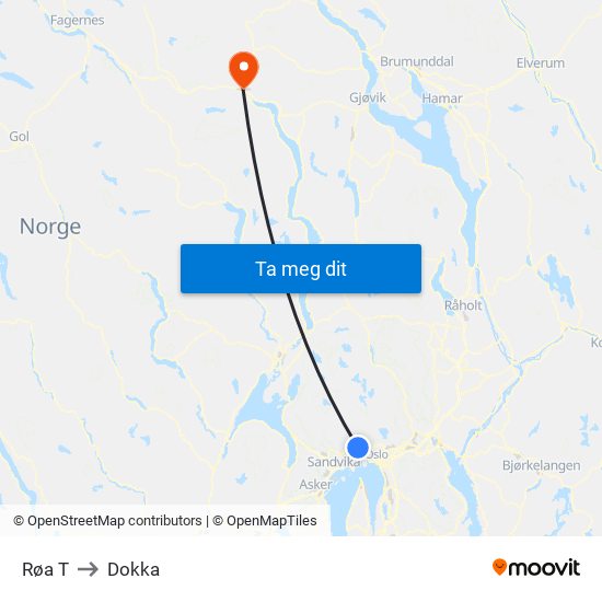 Røa T to Dokka map