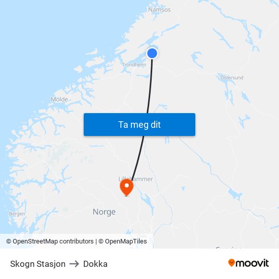 Skogn Stasjon to Dokka map